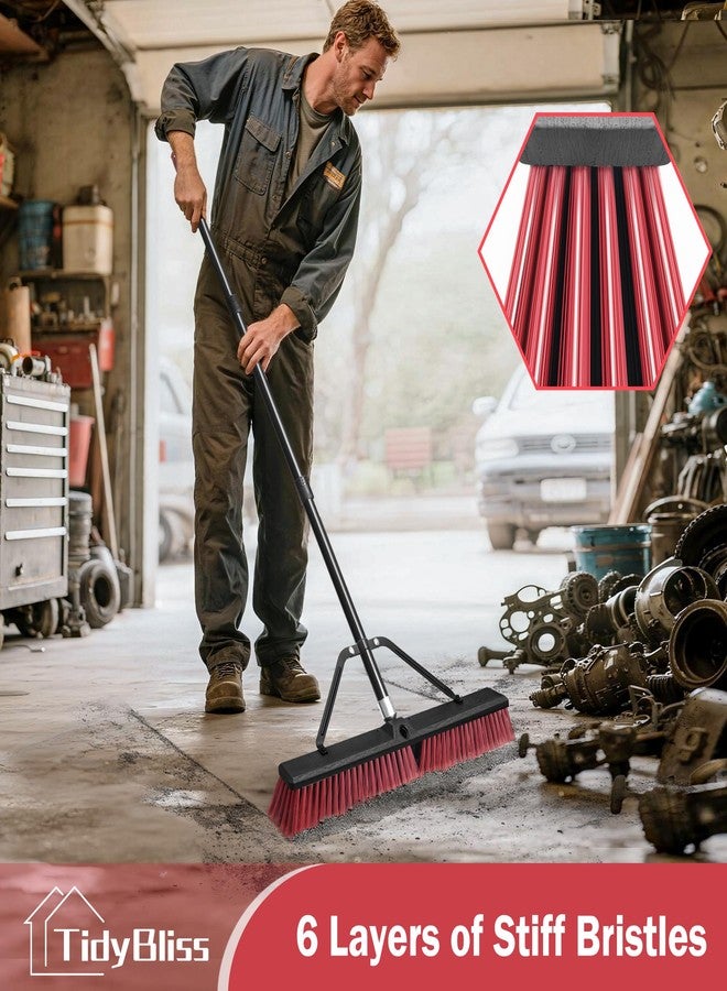 TidyBliss 24” Push Broom Outdoor Heavy Duty, Large Commercial Stiff Bristle Brush with 63 inches Long Handle for Garage Shop Garden Yard Patio Deck Street Warehouse Lawn Driveway (Red) - Image 3